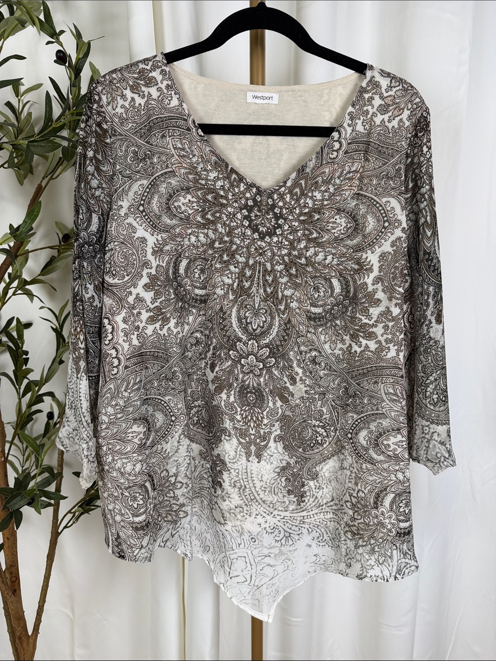 Westport Taupe and Cream V-Neck Paisley Tunic Lined w/Sheer Overlay Sz 1X (T2)